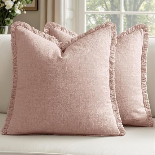 Woaboy Decorative Linen Fringe Throw Pillow Covers Boho Farmhouse Soft Cushion Covers Accent Pillows with Tassels Valentines Home Decor for Living Room Couch Sofa Bed,18x18 Inch Set of 2,Light Pink