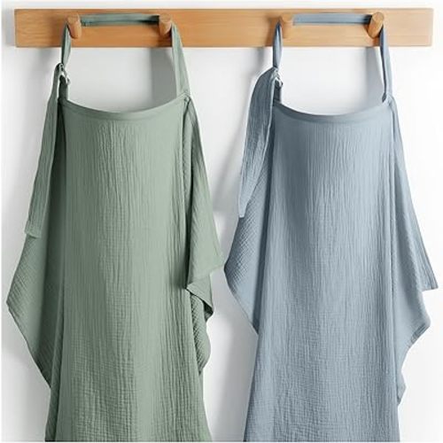 Comfy Cubs Muslin Nursing Cover Pack of 2, 100% Cotton Muslin Breastfeeding Cover for Moms, Soft & Breathable Baby Nursing Scarf, Adjustable Neck Strap - Privacy Coverage - Fern and Pacific Blue