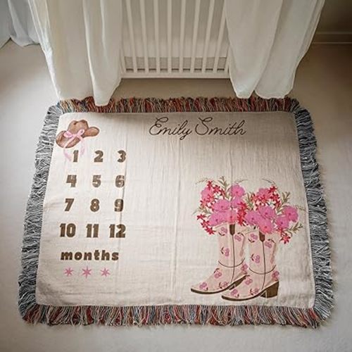 Personalized Cowgirl Milestone Blanket, Monthly Baby Blanket, Western Girl Nursery Decor, Coquette Woven Blanket