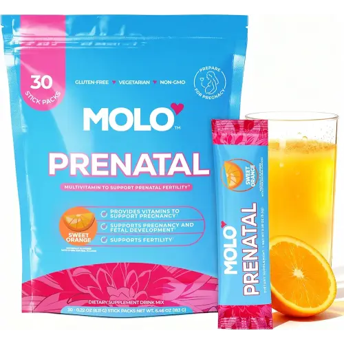 MOLO Prenatal Multi-Vitamin Drink Mix for Women – Packed with essential vitamins & antioxidants, DHA Omega-3, Methylfolate – 30 Stick Packs with Sweet Orange Flavor – Vegetarian, Gluten-Free & Non-GMO
