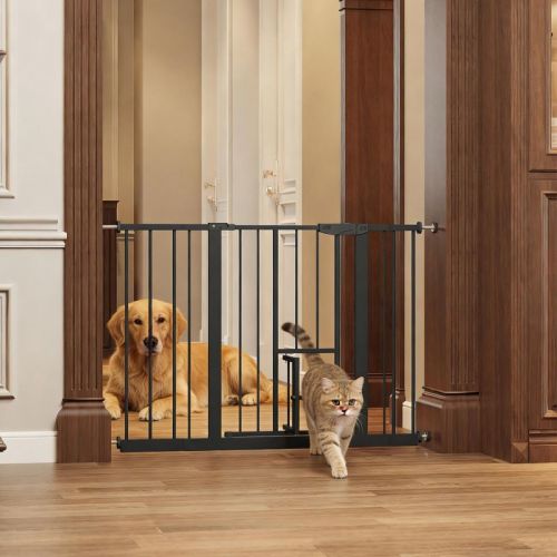 Baby Gate with Cat Door, 29.5–44.1 in Pressure Mounted Walk-Through Pet Gate for Doorways and Stairs, Black