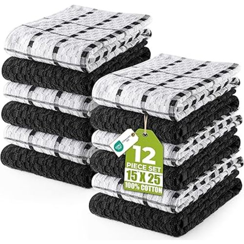 Utopia Towels - Kitchen Towels 12 Pack, 15 x 25 Inches, 100% Ring Spun Cotton Super Soft and Absorbent Linen Dish, Tea and Bar Towels Set, Black