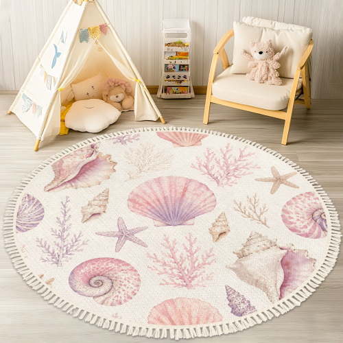 Washable Non Slip 4ft Round Rug, Seashell Coral Watercolor Pastel Pink Purple Hues Boho Coastal Rugs for Playroom Bathroom Living Room Bedside Cute Nautical