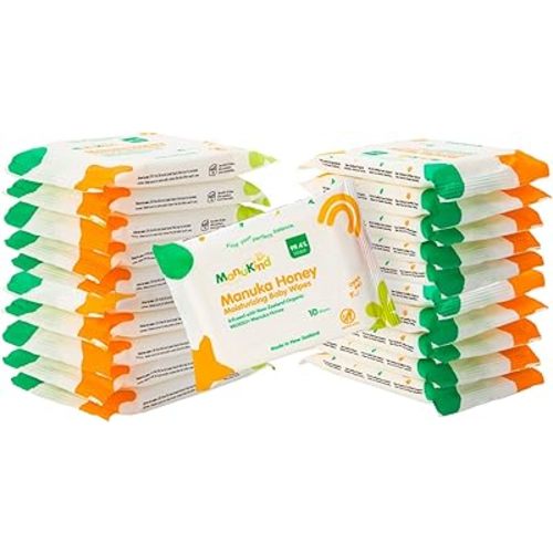 ManuKind Manuka Honey Infused Baby Wipes, Ultra Gentle, 100% Bamboo Fiber, Soft Comfort for Sensitive Skin, Dermatologist Tested, Made in New Zealand, 10 Wipes x 20 Travel Pack