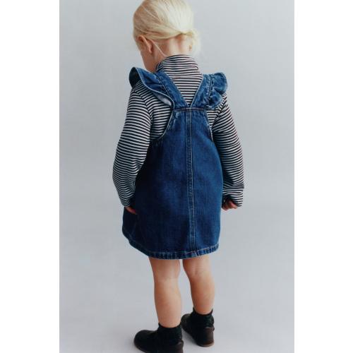 RUFFLE DENIM PINAFORE DRESS AND SHORTS - Mid-blue | ZARA United States