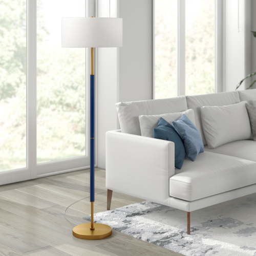 Evelyn&Zoe Simone 2-Light Floor Lamp with Fabric Shade, Blue/Brass/White