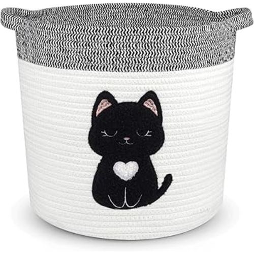 Black Cat Storage Basket for Nursery, Woven Cotton Rope Basket Pet Toy Organizer Bins, Baby Laundry Hamper, Soft Felt Animal Patch Design Foldable, Washable(11.8inch)