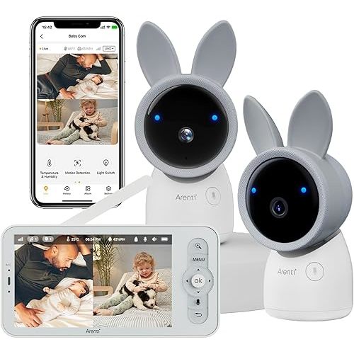 ARENTI Baby Monitor with 2 Cameras, Cry&Motion Detection, 2K Smart Baby Camera with 5'' Upgraded Wireless Display, 2 Way Audio, Super Night Vision, Lullabies, Breathing Light, Temp&Humidity Sensor