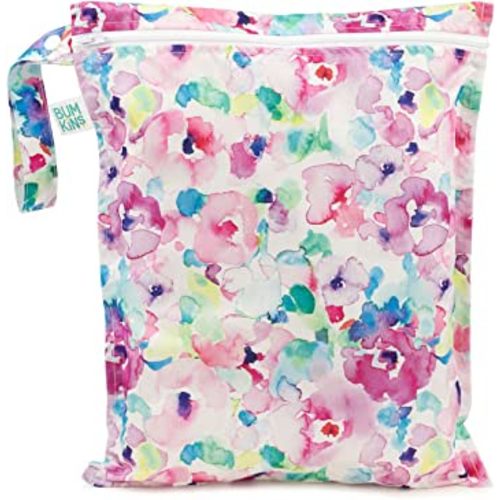 Bumkins Waterproof Wet Bag for Baby, Travel, Swim Suit, Cloth Diapers, Pump Parts, Pool, Beach, Gym Clothes, Toiletry, Hook to Stroller, Daycare, Zip Reusable Wetdry Packing Pouch, Watercolors Floral