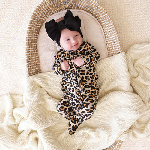 Ruffled Zippered One Piece | Lana Leopard Tan | Baby Girl Sleeper