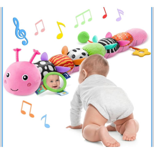 Baby Toys 6-12 Months Music Caterpillar Infant Toys Stuffed Animals 0-3-6 Months Teething Tummy Time Sensory Toys with Mirror Rattle&Pull String for Boys Girls Birthday Gifts|Candy Pink,Leafy