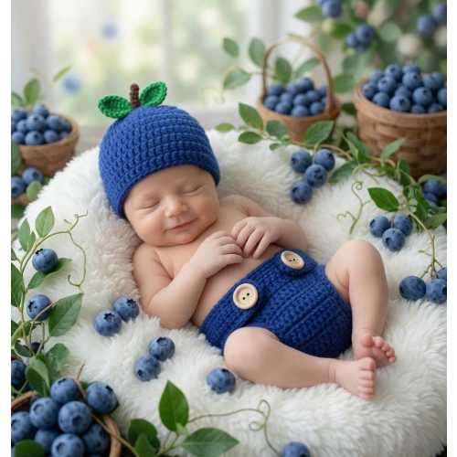 Blueberry Crochet Baby Photo Prop Outfit: Newborn Hat & Diaper Cover