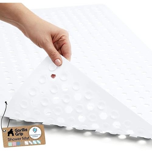 GORILLA GRIP Patented Bath Tub Shower Mat, Machine Washable Bathtub Floor Liner Mats, Suction Cups and Drain Holes to Keep Tubs Clean, Soft on Feet, Bathroom Essentials, 35x16 Inch, White