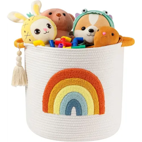 INough Toy Storage Baskets Woven Cotton Rope Storage Basket Kids Blanket Baskets for Living Room, Toys Organizer with Embroidery Colorful Rainbow Decor, Baby Basket for Laundry Nursery (Boho Rainbow)