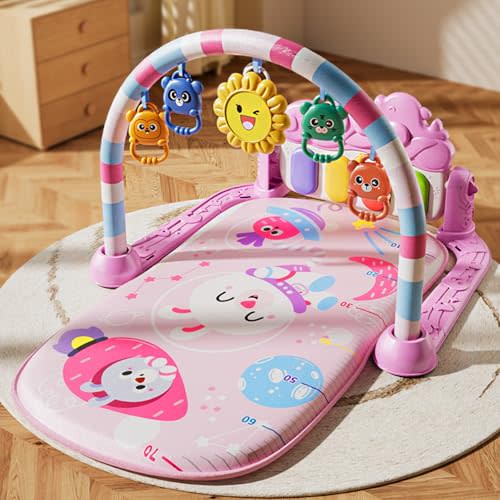 Baby Gyms Play Mats, Play Piano Gym Mat, Activity Mat for Tummy Time with 5 Infant Learning Sensory, Music and Lights for Newborns and Toddlers (Pink)