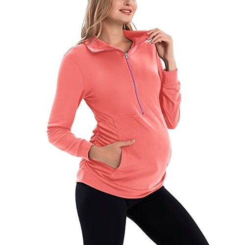 GINKANA Maternity Women's Long Sleeve Shirt Half Zipper Lapel Lightweight Casual Maternity Pullover with Pockets