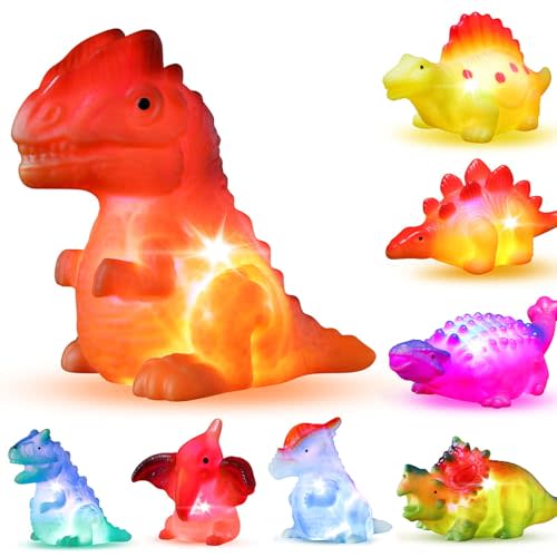 8 Pack Light up No Hole Dinosaur Bath Toy Set, Flashing Color Changing Light in Water, Floating Dino Bathtub Bathroom tub Pool Toy for Baby Infant Kid Toddler Child Boy Girl Preschool in Christmas