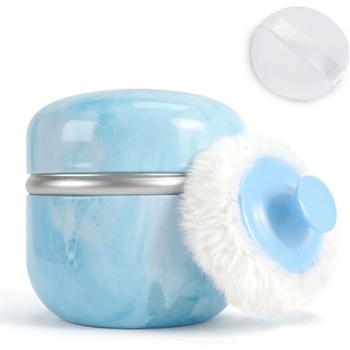 Shimido Body Powder Puff And Container, 3.15" Portable Empty Container For Baby Women's Loose Dusting Powder, Powder Case Box With Lids For Bath, Travel And Home Use (Aqua Blue)