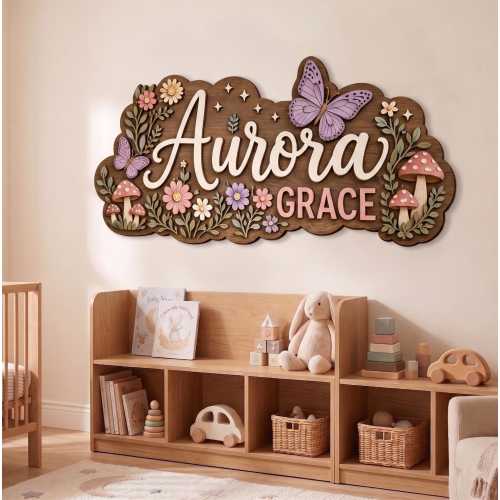 Personalized Butterfly Nursery Decor, Custom Baby Name Sign, Floral Woodland Wall Art, Girls Room Decoration, Flower Name Sign