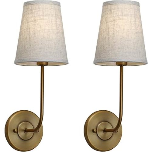 Pathson Set of 2 Vintage Wall Sconces Linen Fabric Shade, Hardwired Bathroom Vanity Lights Brass Finish, Industrial Wall Mounted Fixtures for Bedroom Living Room (Antique Brass)
