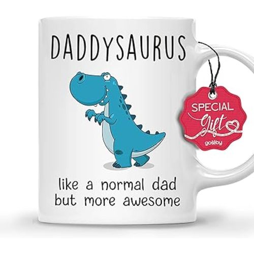 Gossby DADDYSAURUS Coffee Mug for Dad - Funny Gifts for Dad from Daughter, Son, Kid - 11oz T-rex Daddy Mug - Fathers Day, Christmas, Birthday Gift for Father, Step Daddy - Husband Gift from Wife