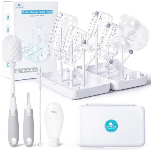 Termichy Travel Bottle Cleaning Kit: Portable Drying Rack & Brush Set for Working Moms - Compact Baby Essentials for Hotel & Camping