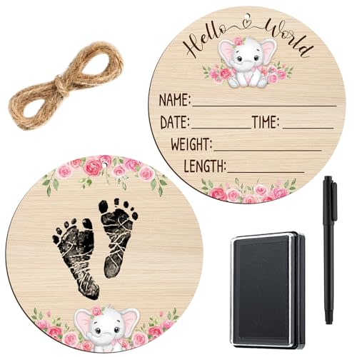 Thyle Baby Announcement Sign Birth Newborn Welcome Hospital, Elephant | Double Sided Baby Welcome Sign, Newborn Essentials with Marker Pen and Ink Pad, for Baby Shower Hand Footprints