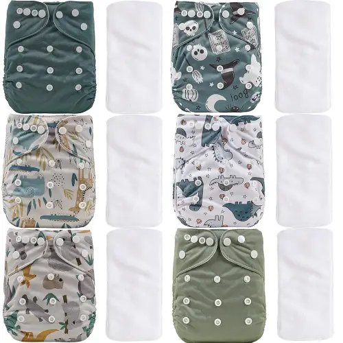 12 Set Reusable Adjustable Cloth Diapers for Newborn to 0-3 Years,One Size Washable Pocket Nappy Covers for Baby Girl and Boy,6 Pack Cloth Diapers+6pcs Microfiber Inserts (NCP04)