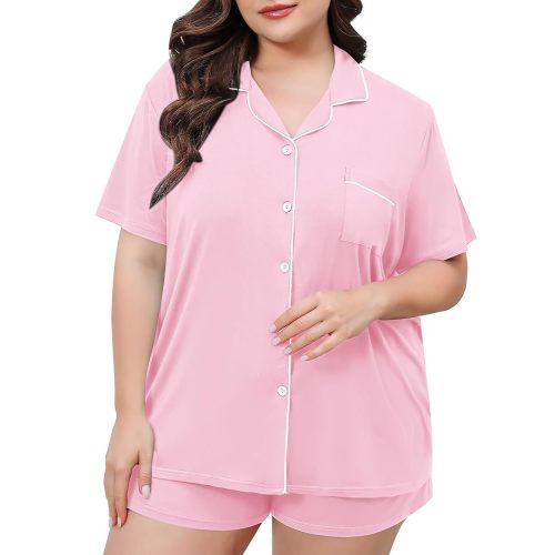 SWOMOG Women's Plus Size Pajamas Set Button Down Tops Short Sleeve Sleepwear Soft Pajama Shorts 2 Pcs Lounge Sets With Pocket