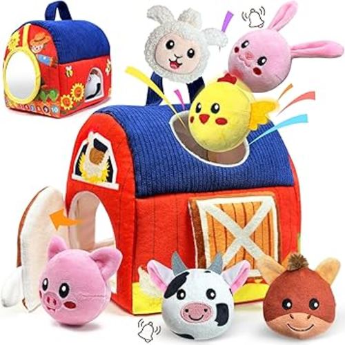 Baby Toys 6-12 Months - Infant Barn Toy with Stuffed Farm Animals, Rattle, Crinkle, Squeak, Mirror - Montessori Sensory Toys for 6 7 8 9 10 12 Month Old Babies, 1 Year Old Baby Boy Girl Gifts