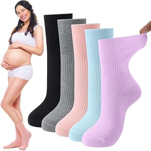 5 Pairs Maternity Crew Socks Cotton Loose Fitting Labor Delivery Pregnancy Socks for Swollen Feet(Classic,Colorful)