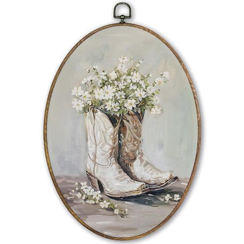 TLESKE White Preppy Western Cowgirl Oval Wall Art Decor Framed 9x12, Vintage Cowgirl Boots Canvas Wall Art Prints Artwork, Wall Hanging Room Door Decor Decorations for Teen Girls Bedroom Living Room