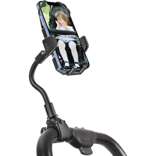 Gooseneck Stroller Phone Holder, Cell Phone Mount Pole Clamp for Baby Stroller, Shopping Cart, wheelchair, One Hand Operation Clip for iPhone Air 17 Pro Max 16 15 14 13 12 Plus, S25, 4-7" Smartphones