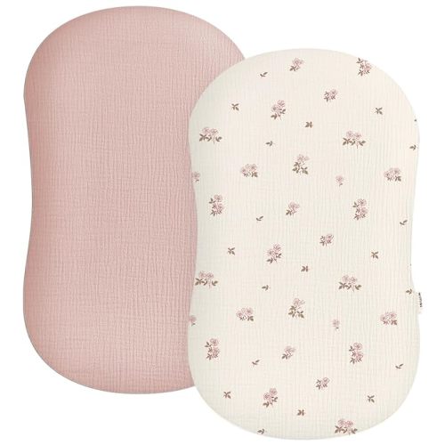 Muslin Baby Lounger Cover 2 Pack, Soft Breathable Newborn Lounger Pillow Cover for Boys Girls Infant (Flower G & Pink)
