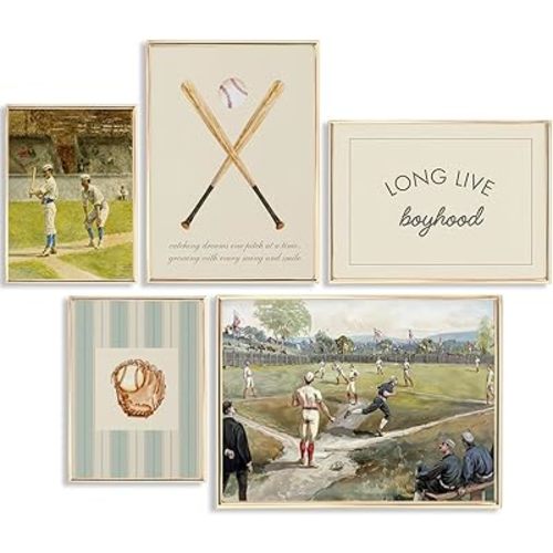 5pcs Vintage Baseball Nursery Wall Art Inspirational Quotes Boys Room Posters Artwork Baseball Field Stadium Painting Pictures Wall Decor for Office Teen Room Home Decoration 8x10in Unframed