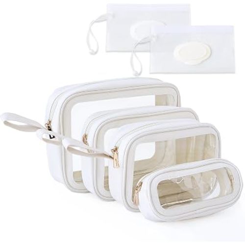 6-Piece Diaper Bag Organizer Pouches Set, TPU Waterproof Clear Packing Cubes Diaper Bag with 2 Reusable Wet Wipe Dispensers, TSA Approved Kids Toiletry Bag for Travel (Ivory)