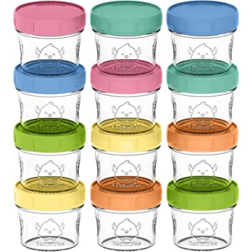 KeaBabies 12-Pack Glass Baby Food Containers - 4 oz Leak-Proof, Microwavable Baby Food Storage Containers, Baby Food Freezer Tray, Puree Glass Baby Food Jars, Baby Bullet Jars with Lids (Kea)
