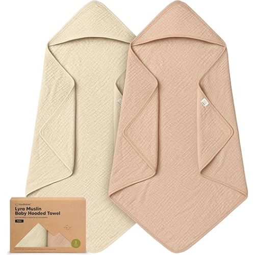 KeaBabies Muslin Hooded Baby Towels for Newborn Girls, Boys - 2-Pack, 30x30 Organic Cotton Baby Bath Towels Hooded, Soft Absorbent, Toddlers, Kids, Infant, Newborn Bath Essentials (Almond, Petite)