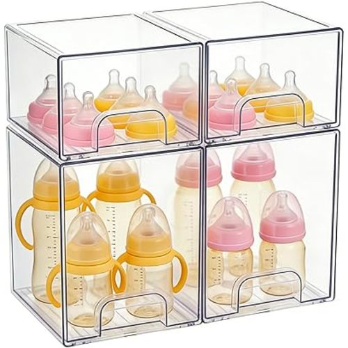 UFORU Baby Bottle Organizer,4 packs Stackable Storage Drawers,Clear Acrylic Organizer Bins with Non-Slip Pads,Pull-Out Drawers for Makeup,Kitchen Countertop,Bathroom,Vanity,CabinetOrganization