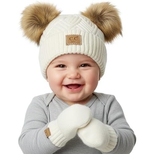Funky Junque Baby Double Faux Fur Pom Pom Beanie & Mittens Set – Newborn Infant 0–9 Months Winter Hat with Soft Lined Mittens