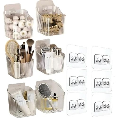 6Pack small Wall Mount Organizer, Adhesive Cabinet Door Storage Bins, Clear Makeup Container, Stackable Organizer Basket for Kitchen, Bathroom, rv, Pantry, Office，Refrigerator Small Items storage
