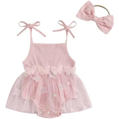 Newborn Yellow Dress Baby 0-3 Infant Girl Outfit Sleeveless Tulle Ribbed Romper Pink Dress with Hairband