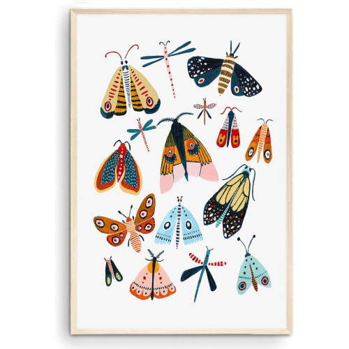 Moths & Butterflies Wall Art, Bugs & Animal Kids Room Decor, Woodland Themed Art, Gift for Classroom, School, Kids & Nursery Room, Woodland - (Unframed, 9 x 11 inches)