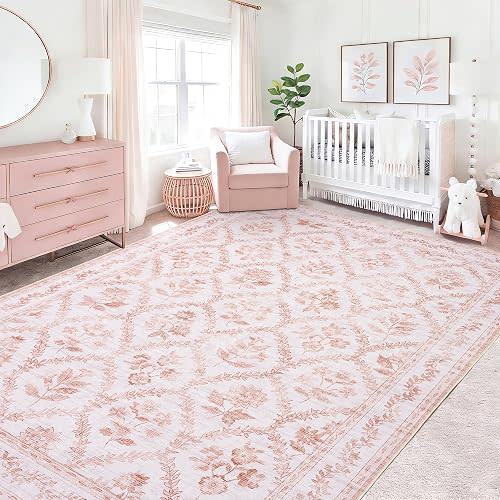 Pink Rugs for Bedroom Women Boho Light Blush Pink Floral Area Rugs Nursery for Baby Girl, Cute Foldable Machine Washable Distressed Carpet for Living Room Bedroom Dorm Kids Playroom