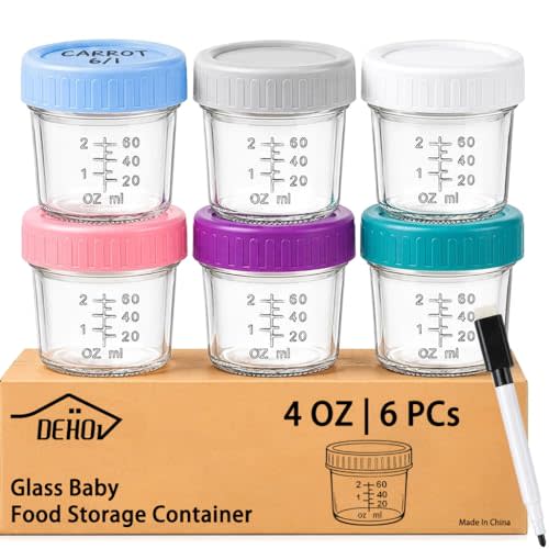 Dehov 6-Piece Glass Baby Food Containers With Lids,4 OZ Small Glass Freezer Safe Baby Food Storage Jars,Leak Proof Baby Food Grade Puree Containers