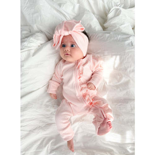 Essential Frill Zip Romper | Petal Pink Pointelle – Little and Fern