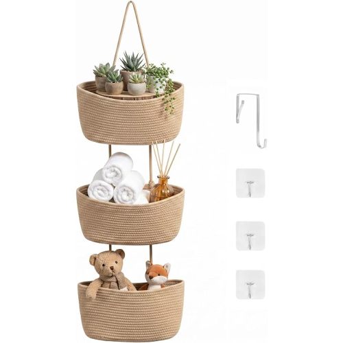 3-Tier Over the Door Hanging Basket, Cotton Rope Woven Decorative Hanging Storage, Large Wall Basket for Nursery Bedroom, Foldable Height Adjustable Organizer, Jute Color (Large(14.8"L×7.1"H))