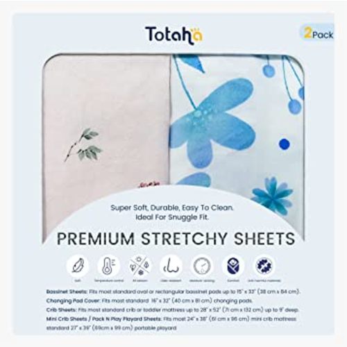 TotAha Premium Stretchy Bassinet Cradle Sheets (2-Pack) -Hypoallergenic, Silky Comfort, Buttery Soft, Calming Effect, All-Season Jersey-Knit, 32 X 16 X 3''(Blue Flower & Small Floral)