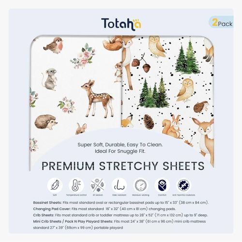 TotAha Premium Soft Graco Pack n Play Sheets Fitted, Super Stretchy Jersey Knit Mini Crib Sheets Fitted, Silky Comfort Pack and Play Mattress Sheets, 2 Pack (Forest Animals)