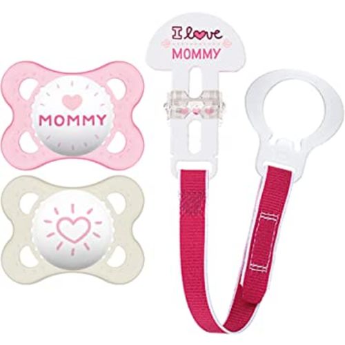 MAM Original Value Pack Baby Pacifier, Nipple Shape Helps Promote Healthy Oral Development, Universal Pacifier Clip, 2 Pacifiers + 1 Pacifier Clip, 0-6 Months, Love & Affection/Girl